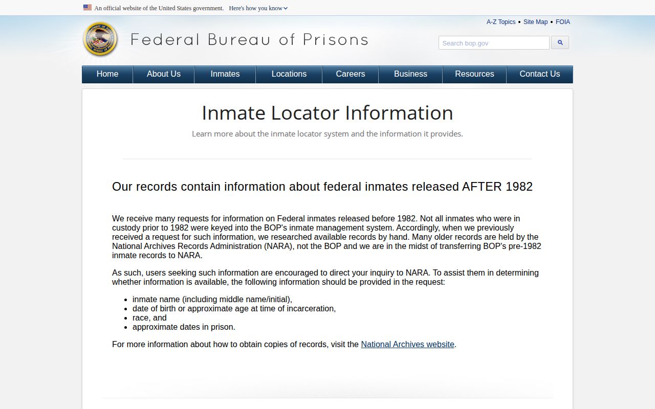 BOP explanation of federal released inmate records