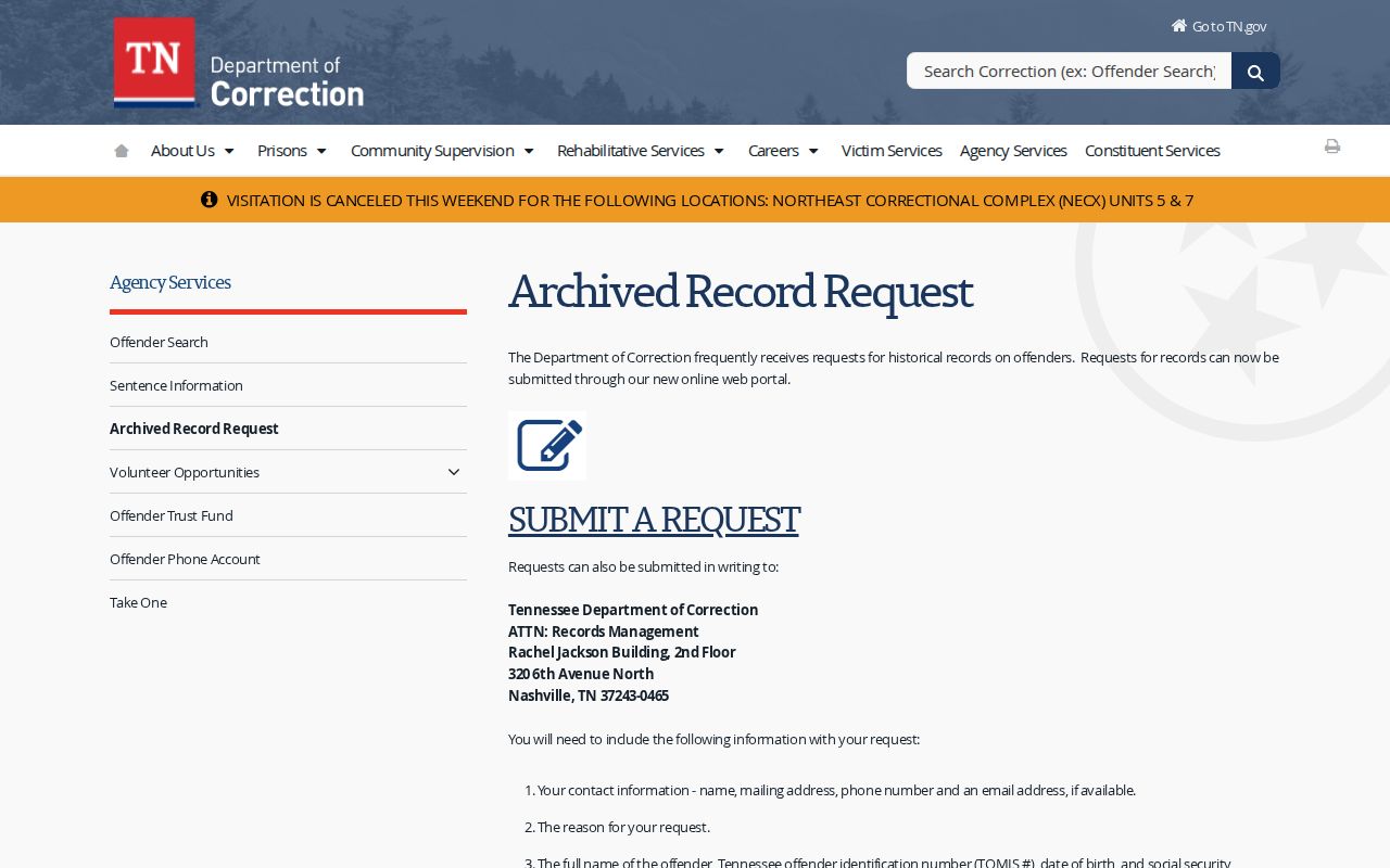 Tennessee Department of Correction archived record request page